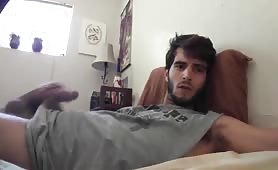 Cute bearded dude stroking his cock in front of the webcam