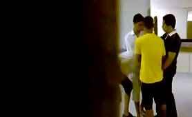 Spying a college dude sucks three of his classmates' cocks in the bathrrom