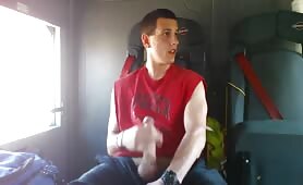 Gorgeous college jock jerking his huge cock and shooting a load on the train