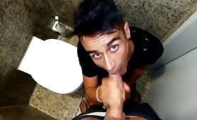 Public toilet teen sucks my dick and swallows my cum on his knees